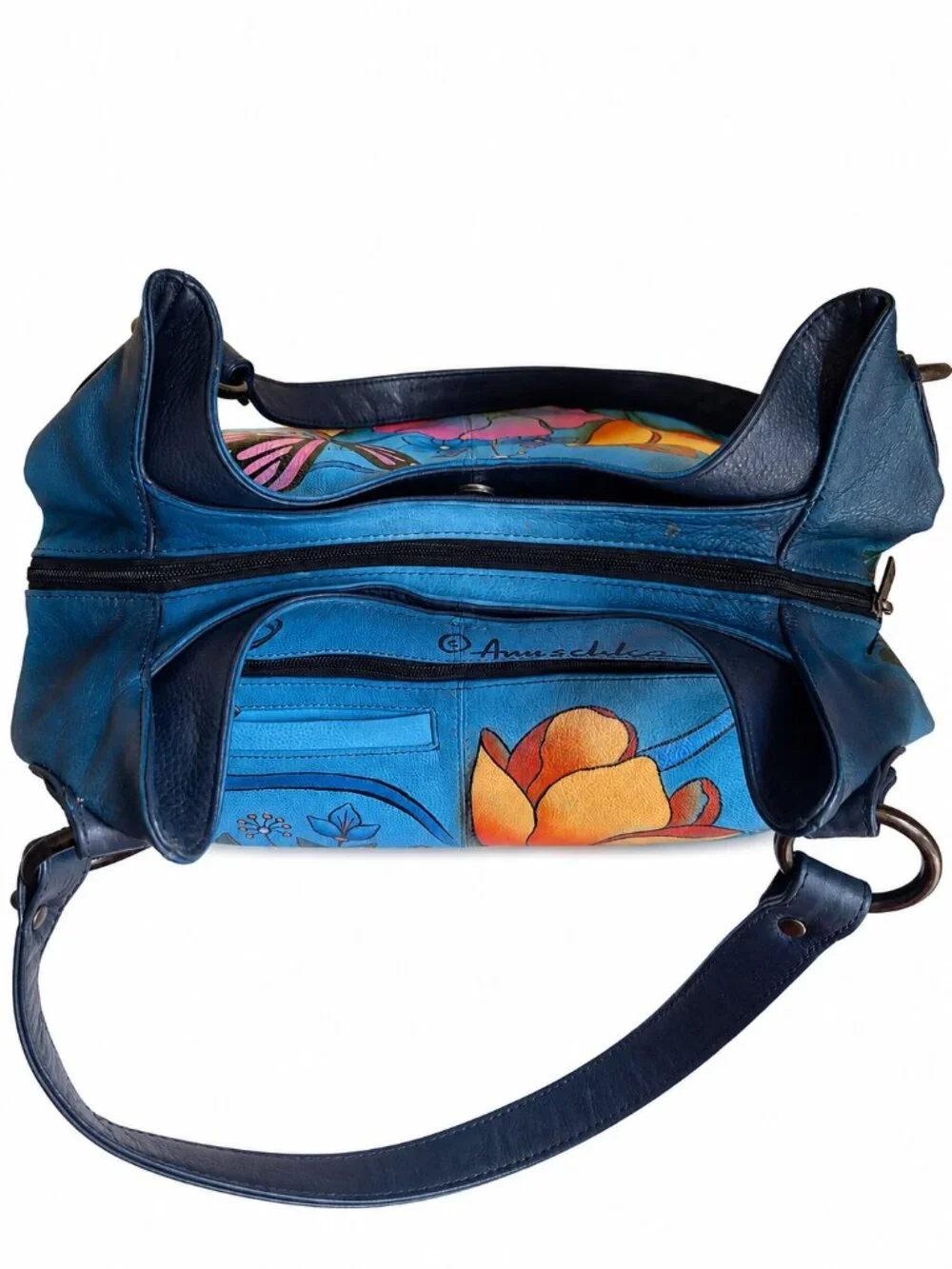 Anuschka Artsy Hand Painted Leather Hobo Floral Butterfly Blue Purse + Pouch
